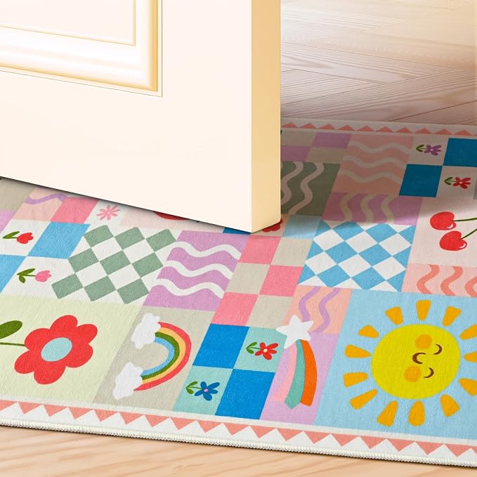 2×3 Small Pink Area Rug for Bedroom, Washable Entryway Rug Non Slip, Soft Low Pile Bath Mat, Vintage Door Carpet for Entrance, Bedroom, Laundry