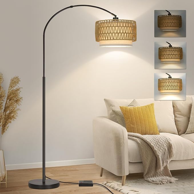 Rattan Floor Lamp, Dimmable Arc Floor Lamps with Adjustable Head