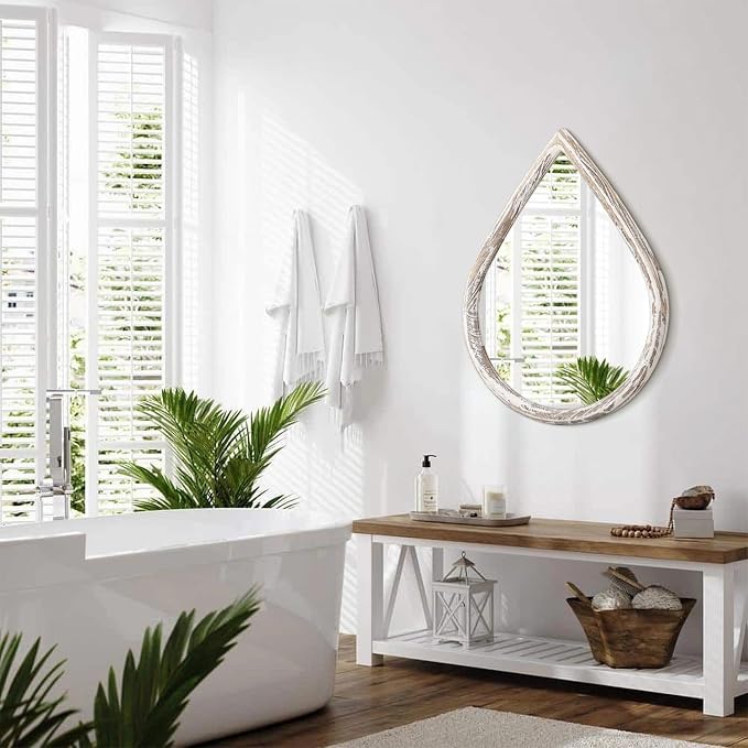 Teardrop Mirrors with Wood Frame Farmhouse Rustic White Wall Hanging Mirrors Large Decorative Mirror for Living Room Bathroom Entryway