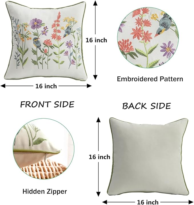 Embroidered Throw Pillow Covers 16x16 Pack of 2 Birds and Flowers | Durable Fabric,Square Pillow Cover,Boho Decorative,Hidden Zipper,Aesthetic Design,Ideal Gift,Machine Washable