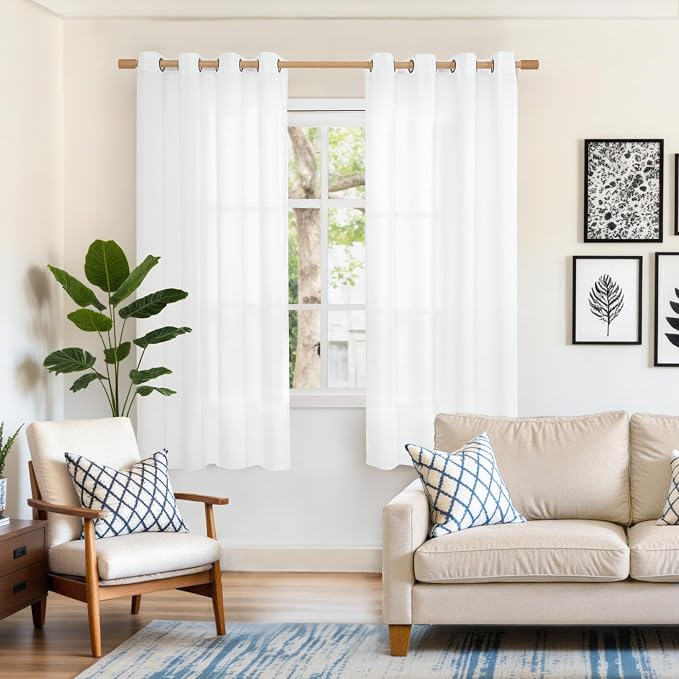 YoungsTex White Linen Curtains 68 Inch Length for Living Room 2 Panels | Semi Sheer Drapes with Bronze Grommet Privacy for Office Bedroom Light Filtering, 52 x 68 Inch