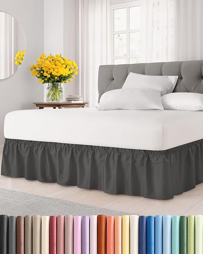 Wrap Around Dust Ruffle Bed Skirt, King Size Beds - 12 Inch Drop, Charcoal | Easy Fit Elastic Strap, Adjustable Pleated Bedskirt w/Brushed Fabric, Wrinkle & Fade Free, for Women, Men, Kids & Teens