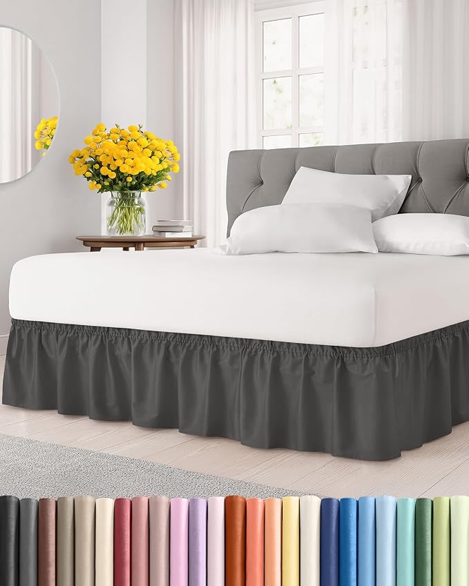 Wrap Around Dust Ruffle Bed Skirt - College Dorm Room - Twin/Twin XL | Charcoal, 12 Inch Drop, Elastic Strap & Adjustable Pleated Bedskirt, Wrinkle Free, for Women, Men, Students, Kids & Teens