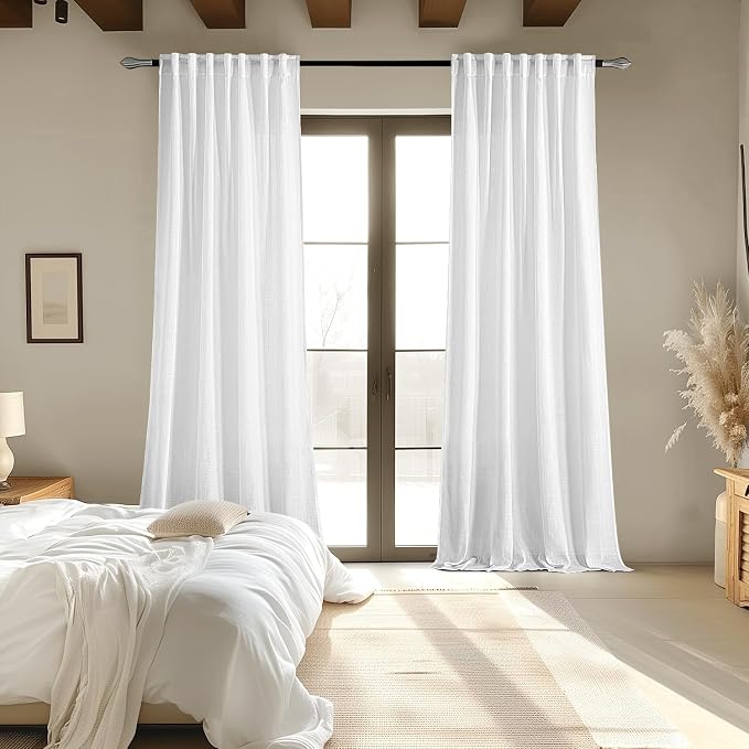 MIULEE White Linen Curtains 96 Inches Long 2 Panels for Bedroom Living Room | Soft Thick Linen Textured Back Tab Window Drapes, Semi Sheer Light Filtering, Rod Pocket, Modern Farmhouse Decor