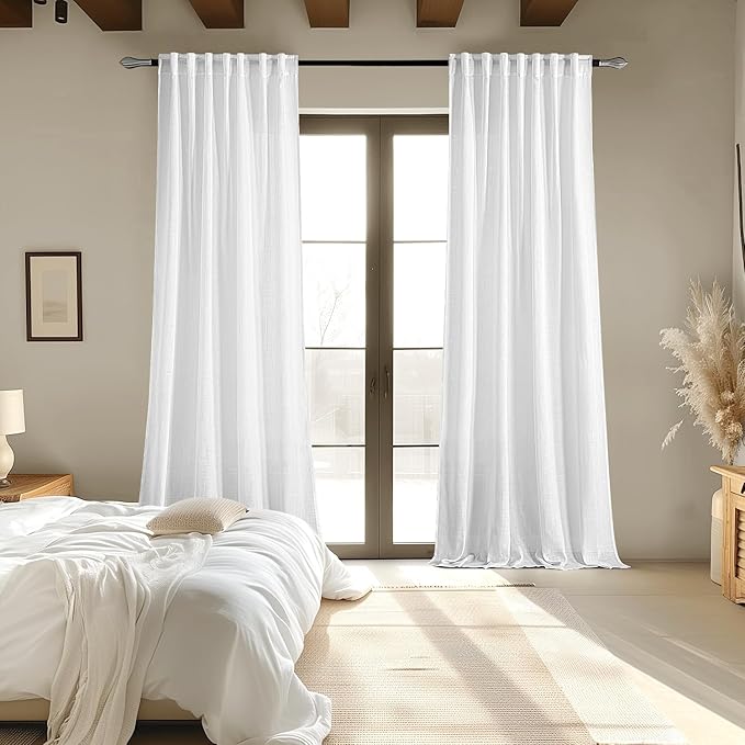 MIULEE White Linen Curtains 104 Inch Long 2 Panels for Bedroom Living Room | Soft Thick Linen Textured Back Tab Window Drapes, Semi Sheer Light Filtering, Rod Pocket, Modern Farmhouse Decor