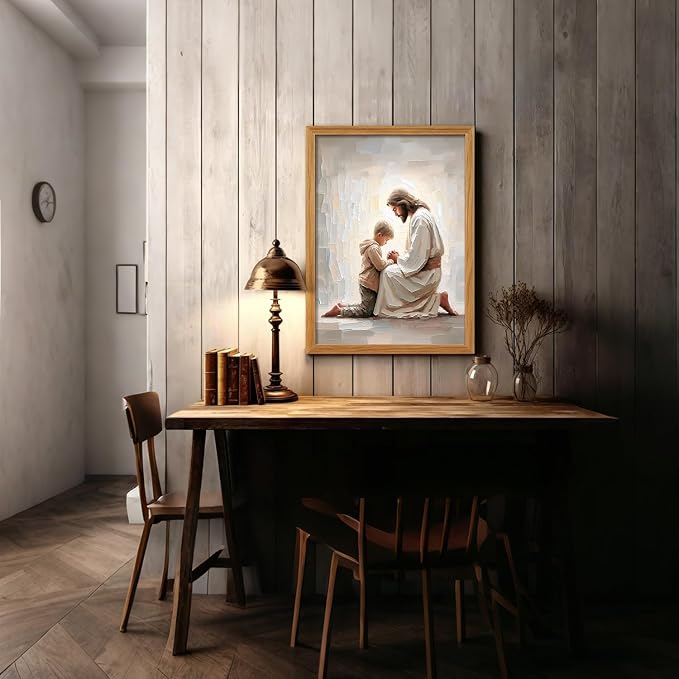 AUUAUU Jesus and Boy Praying Christian Wall Art 12x16 Inches Wooden Framed | Religious Canvas Painting Jesus Children Picture Prints Artwork Christmas Wall Decor for Living Room Bedroom Ready to Hang