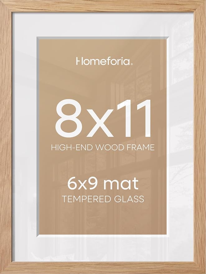 Homeforia 8x11 Natural Oak Picture Frame, High-End Wood, 6x9 Mat, Glass