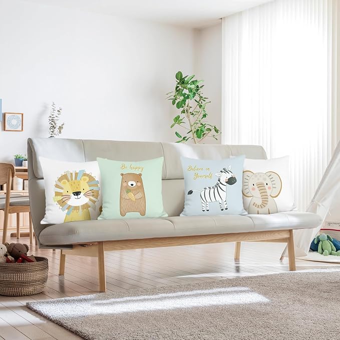 Bonhause Cartoon Animals Throw Pillow Covers 18 x 18 Inch Lion Bear Zebra Elephant Decorative Soft Velvet Pillow Cases for Couch Sofa Bed Kids Room Decor Set of 4