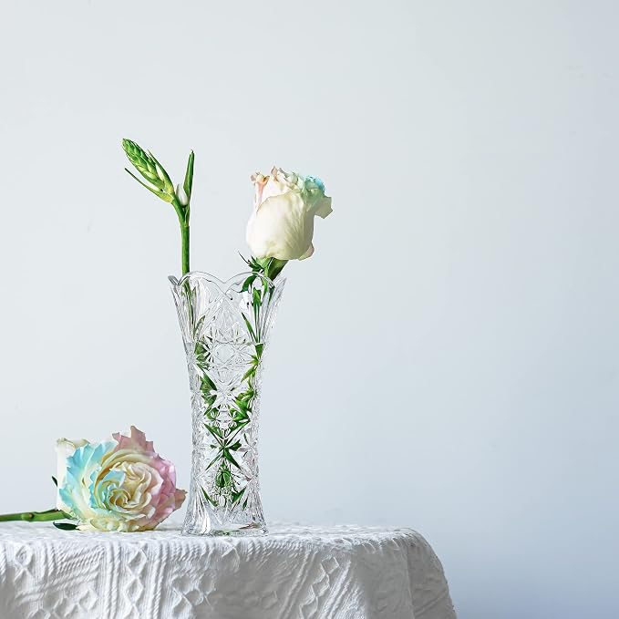 7.6" Tall Glass Flower Vase, 1 Piece Thickened Crystal Vase for Flowers | Clear Flower Vase for Bouquet, Sunflower Design Decorative Vase for Living Room Dining Table Centerpiece, Wedding Gift