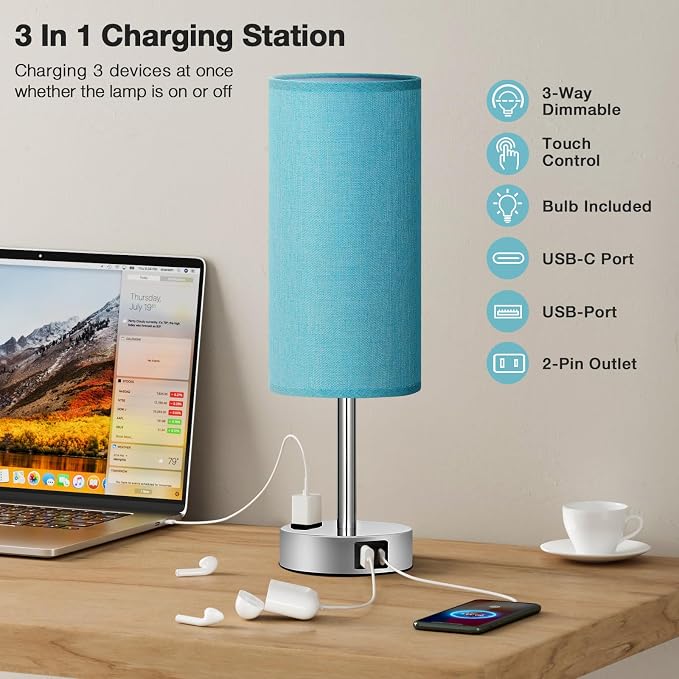 Fenmzee Light Beige Bedside Table Lamp, Dimmable Touch, USB A+C, AC Outlet