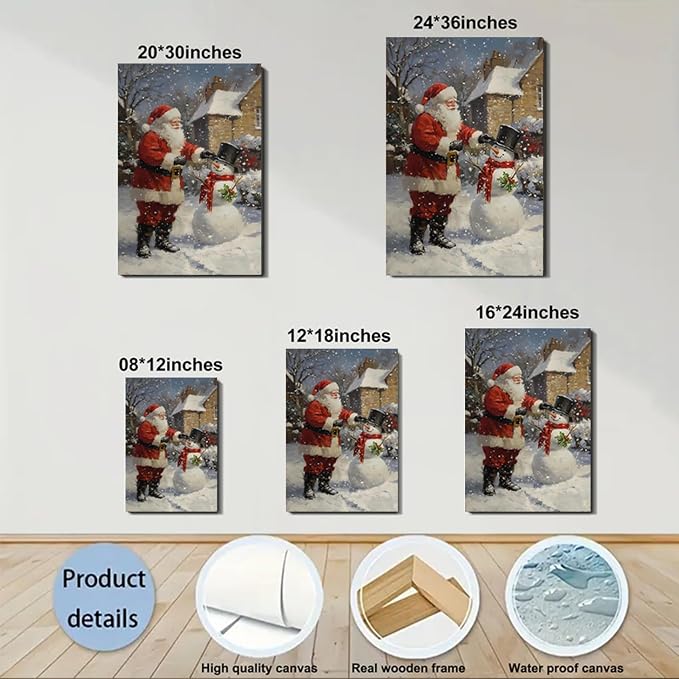 FLZYKGPA Christmas Wall Art Prints 24x36, Winter Christmas Picture Wall Decor Santa Snowman Canvas Artwork for Bathroom, Snow Scene Street Aesthetic Posters for Bedroom, Christmas Holiday Decor