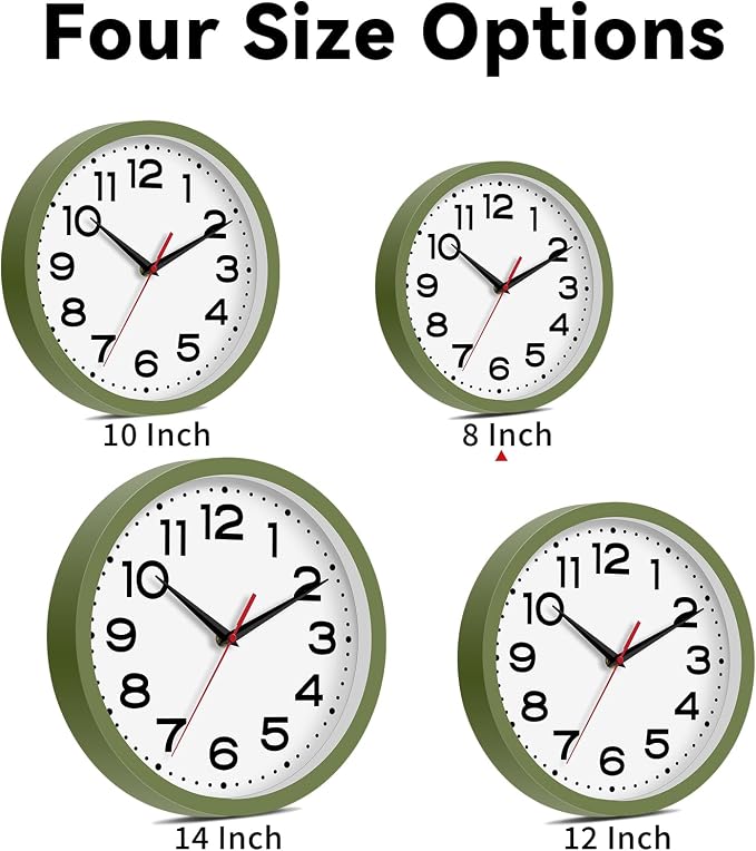 Roymnie 8 Inch Small Wall Clock, Battery Operated Silent Non Ticking Green | analog wall clock; bold numerals for easy reading; silent non-ticking; 1 AA battery (not included); for classroom