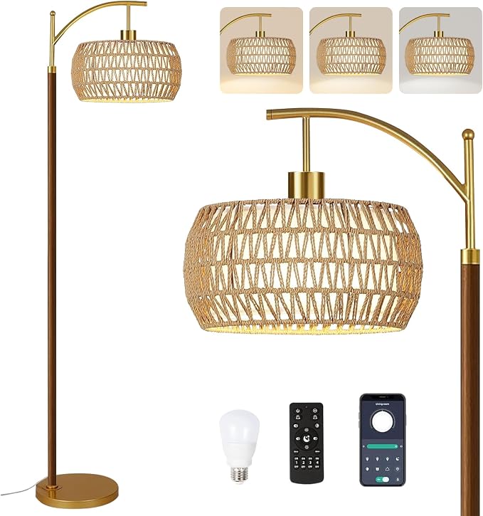 AHDWDW Arc Gold Floor Lamp for Living Room with Remote,Farmhouse Boho Floor Lamps with Timer,Rustic Standing Lamp with Hand-woven Rattan Wicker Shade and Fabric,Adjustable Tall Lamp for Bedroom,Corner