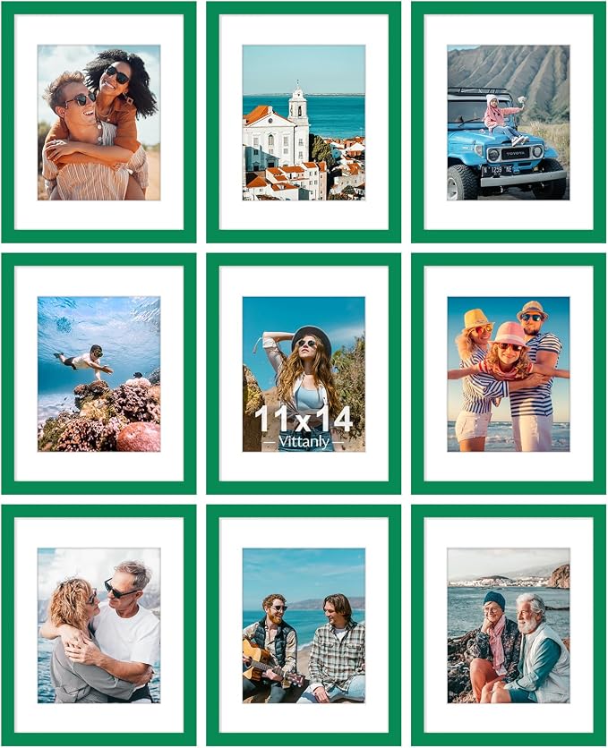 Vittanly 11x14 Picture Frames Set of 9 for Wall Mounting, Green | Display Pictures 8x10 with Mat or 11x14 without Mat, Engineered Wood with Shatter Resistant Plexiglass, Gallery Photo Frames