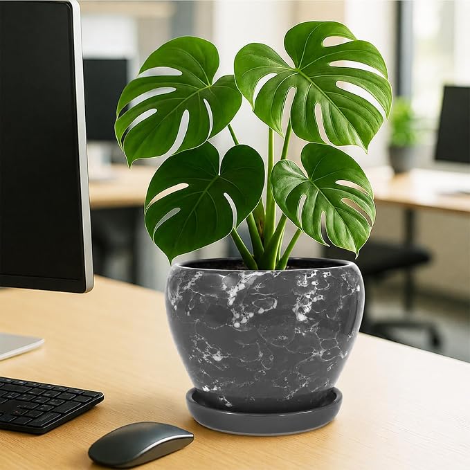 Deep Dream 8 Inch Plant Pots- Ceramic Pots for Plants with Drainage Hole and Saucer, Large Planter Pot for Indoor Plants Outdoor Decor, Gemstone Gray