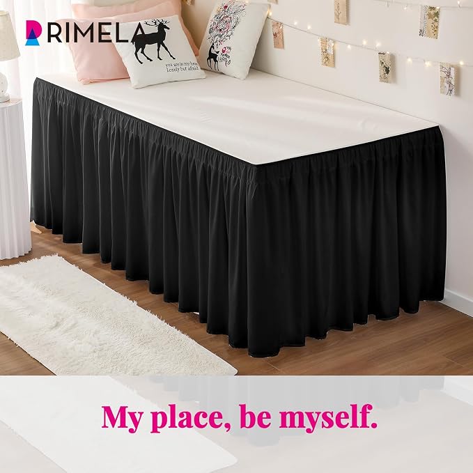 Dorm Bed Skirt Twin XL 25" Drop, College Dorm Room Essentials, Black | Solid ruffled, Wrap-around/elastic, Wrinkle & Fade resistant, with Adhesive Strips, Gift Packed, Machine Wash/Tumble Dry/Iron