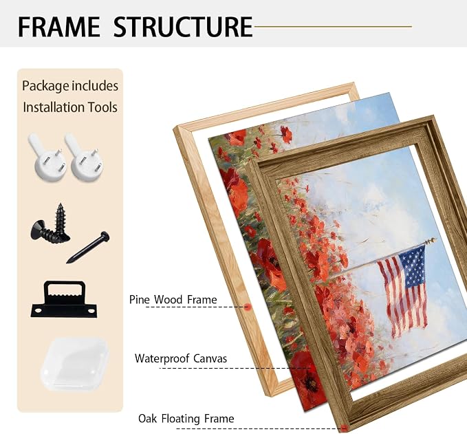 American Flag Framed Canvas Wall Art, 4th of July Patriotic Canvas Prints | USA Flag with Bald Eagle Poster Print, Vintage Independence Day Wall Decor for Bedroom Living Room 16×20in