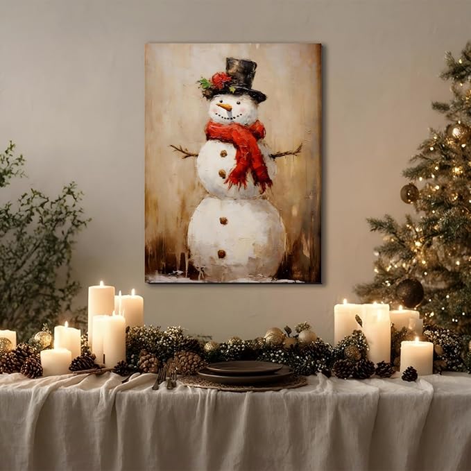 Rustic Snowman Christmas Wall Art 24x36in, Framed Christmas Pictures for Bedroom & Bathroom Wall Decorations, Farmhouse Winter Scene Painting Canvas Prints for Living Room