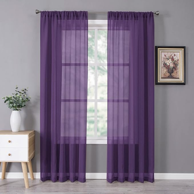 Tollpiz Sheer Curtains Linen Textured Bedroom Curtain Sheers Light Filtering Rod Pocket Voile Curtains for Living Room, 54 x 84 inches Long, Royal Purple, Set of 2 Panels