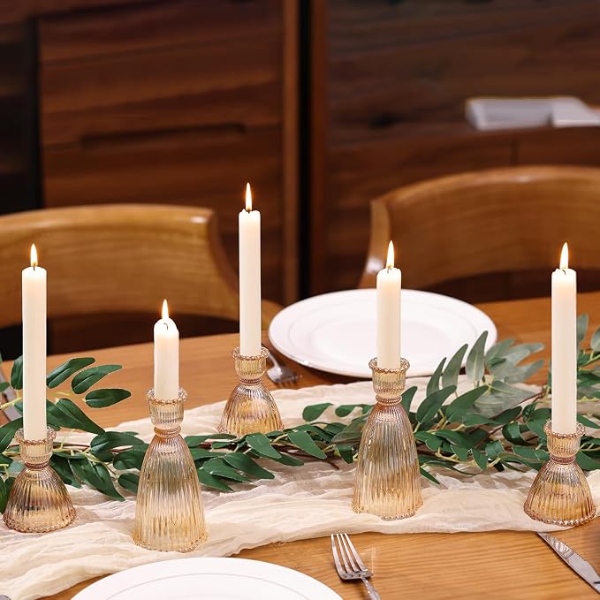 Gold Candlestick Holders Set of 6-4pcs 3.5"& 2pcs 6" Assorted Taper Candle Holder Centerpieces for Wedding, Ribbed Glass Candle Holders Bulk for Party Table Decor, Modern Home Decor