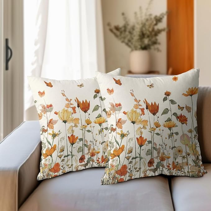 Kawani Fall Floral Pillow Covers 24x24 Inch Autumn Harvest Vintage Wildflower Outdoor Decorative Throw Pillows Set of 2 Thanksgiving Holiday Pillowcases for Couch Home Decor