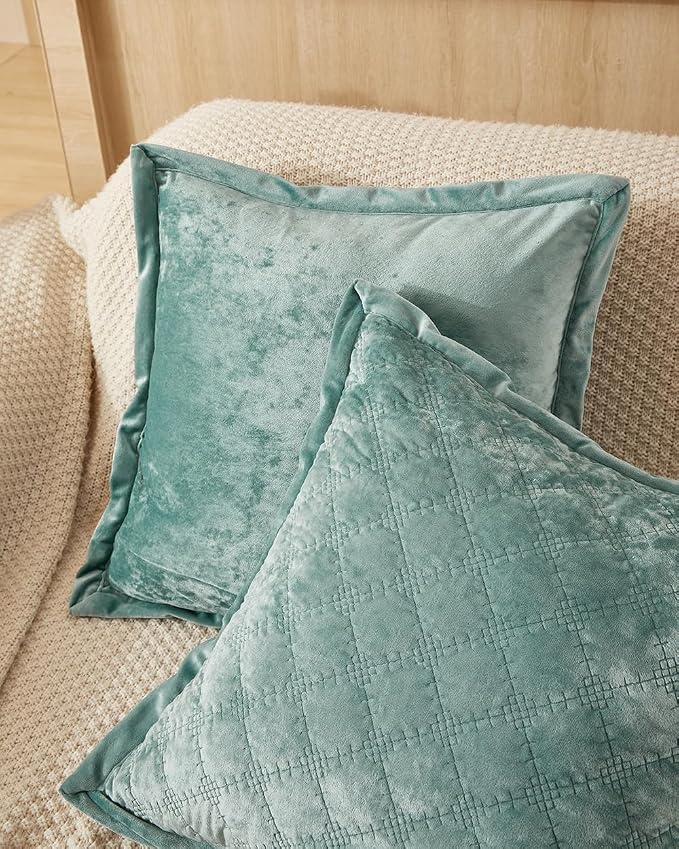 Pillow Cover 24x24 1 Piece Velvet Large Euro Sham with Hidden Zipper Wrinkle Resistant Soft Cross Process Decorative Farmhouse Quilted Cushion Covers for Couch Bed, Aqua Green