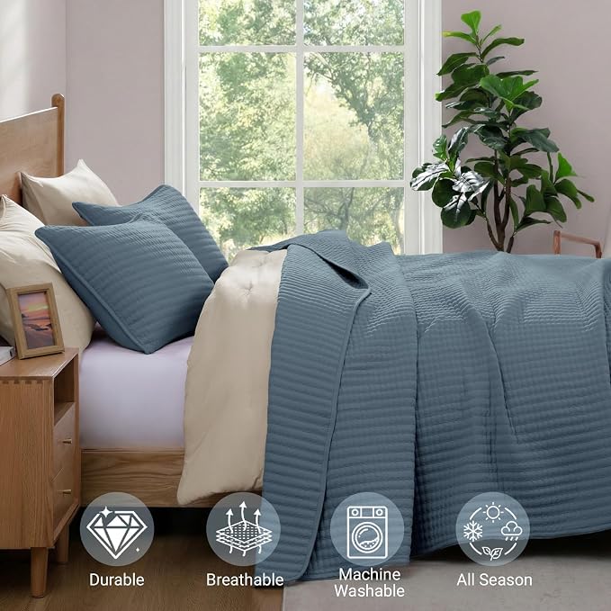 Queen Quilt-Lightweight Bedspreads Blue Queen Size Quilt Bedding Set | Soft Coverlet with 2 Pillow Shams for All Seasons, Suitable for Bed, Couch, 3 Pieces, 90"x94"