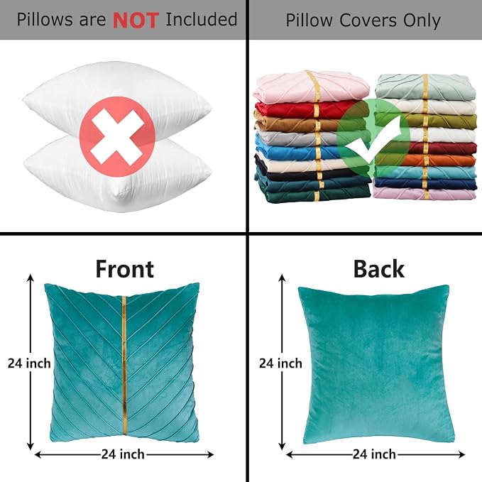 Velvet Throw Pillow Covers 24x24 Pack of 2 Gold Decor Aqua Green