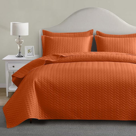 Maple&Stone Brunt Orange Quilt Set King Size, Lightweight Bedspread | Breathable Coverlet with Chevron Pattern, All-Season Dorm Bed Cover Set Bedding Decor 3 Piece