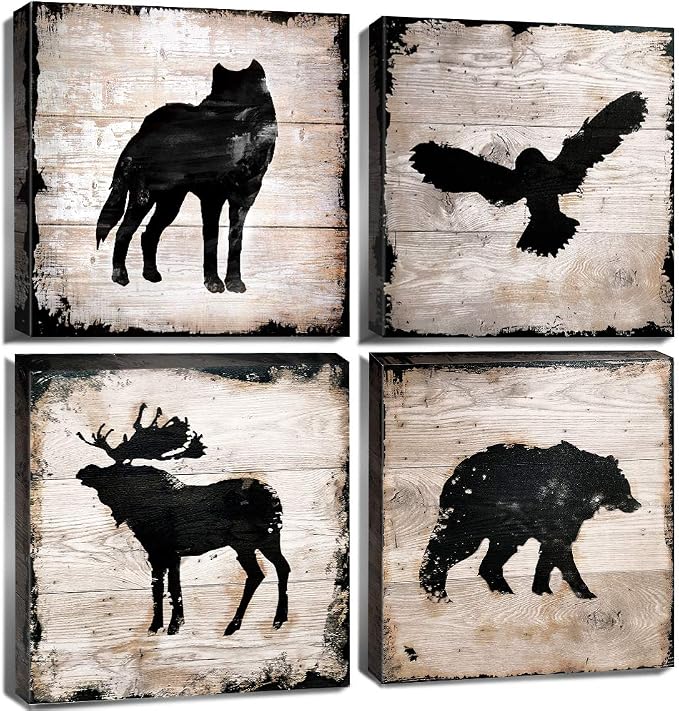Cabin Wildlife Wall Art Rustic Animals Pictures Wall Decor Farmhouse Moose Deer Wolf Eagle Poster Hunting Themed Bear Paintings Woodland Forest Canvas Prints Artwork Living Room Decorations 16x16" 4P
