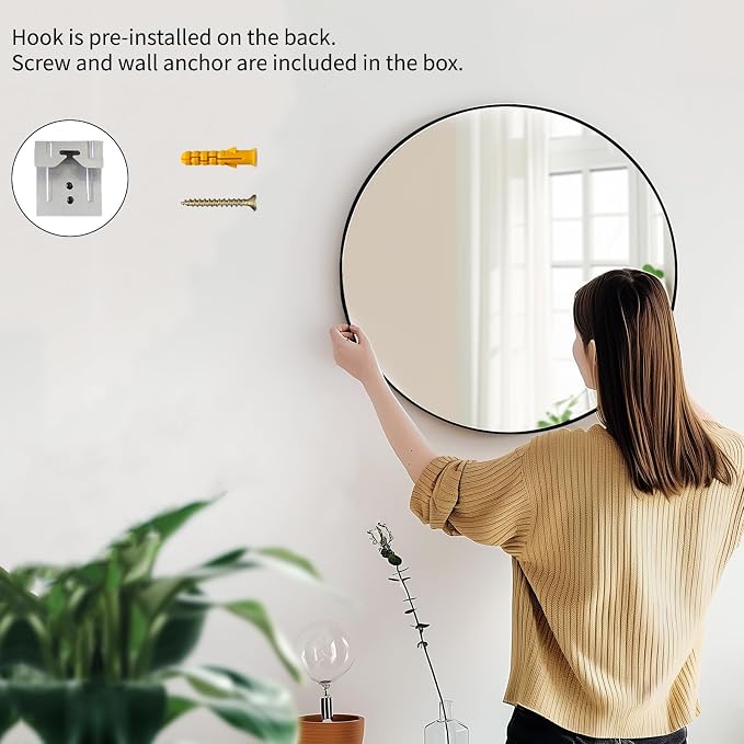 Big Round Mirror 40 inch, Black Circle Mirror, Matte Metal Frame | High Definition Mirror, Rust-resistant, Easy installation, Circular Mirror for Restroom, Cloakroom, Guest Room, Hallway