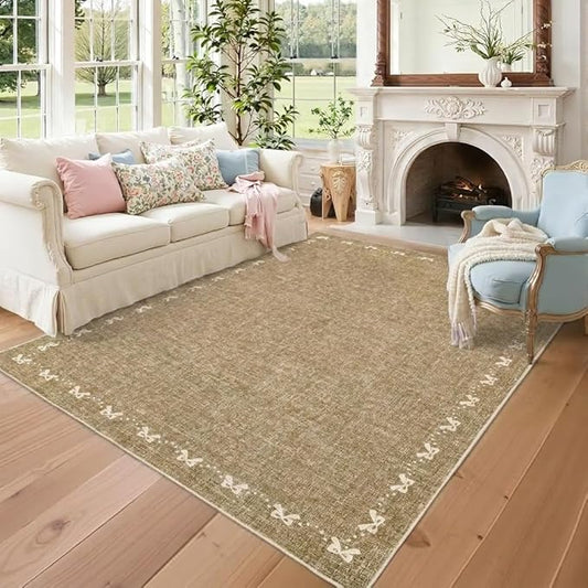 COZYLOOM Rugs for Living Room 5x7 Bow Border Area Rugs for Bedroom, Washable Area Rug with Non Slip Backing, Non Shedding Low Pile Modern Solid Color Carpet for Dining Room, Entryway, Kids Room, Brown