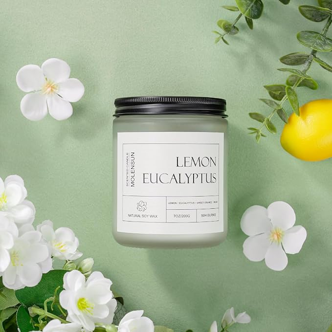 Molensun Lemon Eucalyptus Scented Candle, Soy Wax 7 oz | Bright lemon eucalyptus aromatherapy fragrance; 50H burn long-lasting jar candle; Gift for women