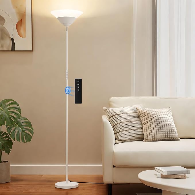 SIBRILLE Torchiere Floor Lamp, 30W Dimmable LED Standing Lamp with Remote/Button Control, 1800Lm, 3000-6500K, 72in Bright Standing Pole Light for Living Room Bedroom Office Corner, White