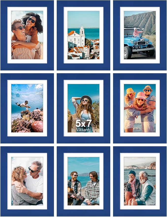 Vittanly 5x7 Picture Frames Set of 9 for Wall or Tabletop Display, Blue | Display Pictures 4x6 with Mat or 5x7 without Mat, Small Photo Frames, Engineered Wood with Shatter Resistant Plexiglass