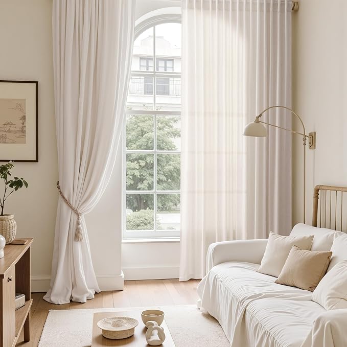 Ivory White Curtains 96 Inches Long 2 Panels for Bedroom Living Room Back Tab Semi Sheer Linen Curtain Modern Farmhouse Coastal Decor 96 inch for Patio Sliding Door Office 52X96