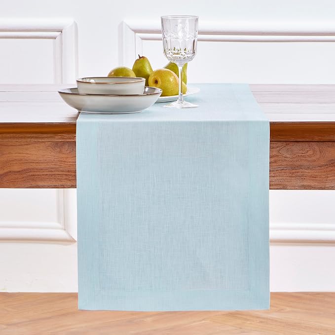 Solino Home 100% Pure Linen Table Runner Ice Water Long, Fete 14 x 144 in | brings a tailored look to family meals and hosting, European flax fibres, handloomed texture, soft, fine, OEKO-TEX Certified