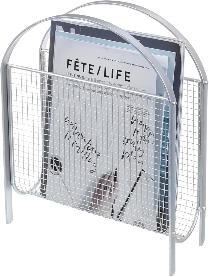 MyGift Mid-Century Silver Metal Mesh Magazine Rack, Freestanding Holder | Mid-century inspired silver mesh rack keeps magazines and newspapers organized in a stylish basket design for table or floor