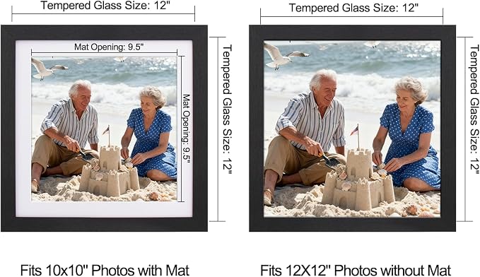 12x12 Picture Frame Black,10x10 Mat,Tempering Glass,Engineered Wood