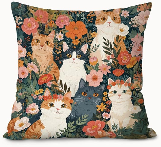Vintage Floral Cat Pillow Covers 18x18, Cottagecore Room Decor, Whimsical Flowers Botanical Kitty Decorative Throw Pillow Covers Pillowcases for Bedroom Living Room Home Decor