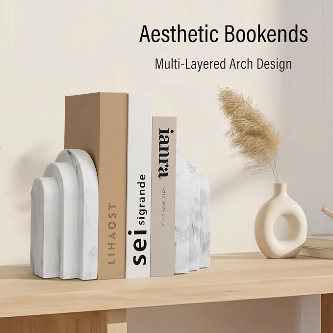 LIN CHUAN Heavy Duty Bookends for Shelves, Set of 2, Marble White Look | Book Ends for Heavy Books, Decorative Book Stopper with Faux Sandstone Finish, Layered Arch Design Bookshelf holder, 6.6 lbs