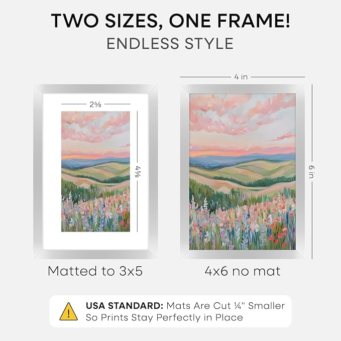 Homeforia 4x6 Silver Picture Frame, High-End Metal, 3x5 Mat, Glass