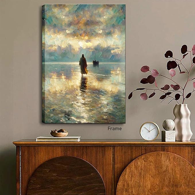 Framed Jesus Pictures for Wall God Canvas Wall Art Jesus Walking on Water Paintings print for Living Room Christian Art Decor Religious Posters Ready to Hang 12x16Inches