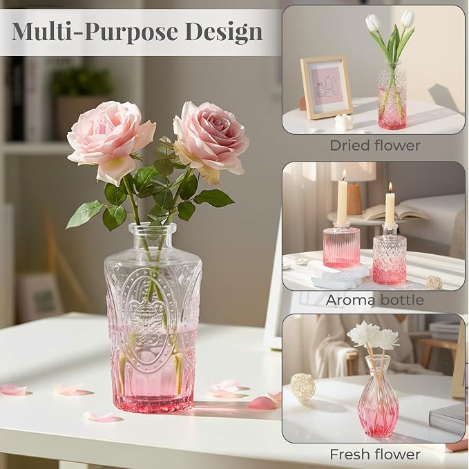 BEAHOT 24 Pack Pink Flower Vase in Bulk,Mini Vintage Glass Bud Vases for Centerpieces,Wedding Decor,Party & Home Decaration,Mother's Day (Pink-Gradient)