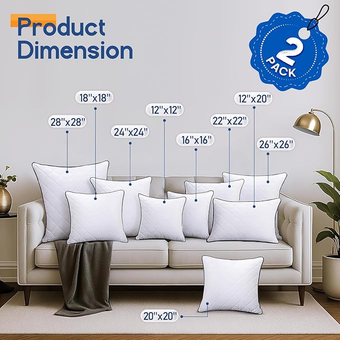 1 MIDDLE ONE Throw Pillows (Pack of 2, White), 24 x 24 Inches Decorative Pillow Insert for Couch, Sofa and Bed, Memory Foam Indoor Square Pillow Forms Stuffer