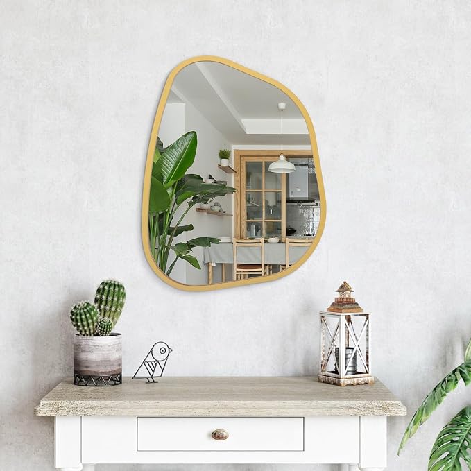 Gold Asymmetrical Mirror Large 20"x16" Irregular Oval Wall Mirror Modern Wood Frame Unique Shape Wall Mounted Vanity Artistic Mirror Decorative for Living Room Bedroom Bathroom Entryway