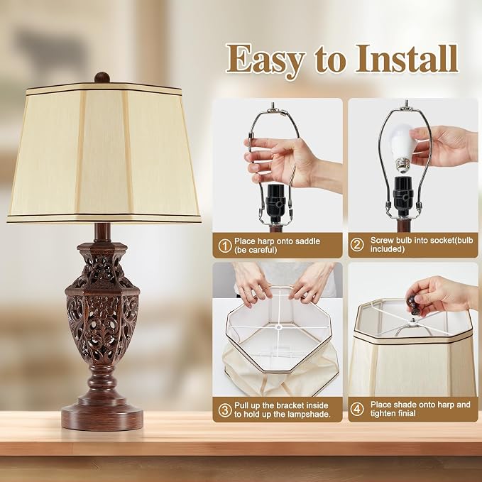 EJIAXIN Lamps for Night Stands Set of 2-23.5" Vintage Bedside Lamp with USB A+C and Nightlight - Brown Retro Carved Resin Farmhouse Desk Lamp for Bedrooms, End Tables, Living Room, Bulbs Included