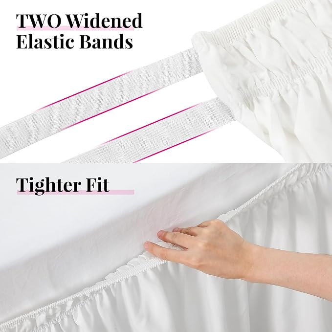 White Bed Skirt Queen Size 25 Inch Drop, Elastic Wrap Around Bedskirt | Solid Ruffled, Easy to Use, No Mattress Lifting, Wrinkle & Fade Resistant, with Adhesive Strips, Machine Wash/Dry/Iron