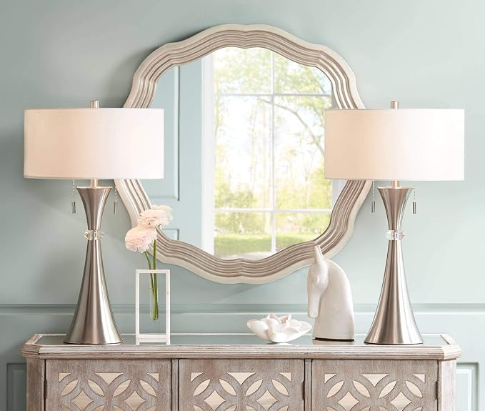 Rachel 28" Tall Table Lamps Set of 2 Silver Column Pull Chain Modern