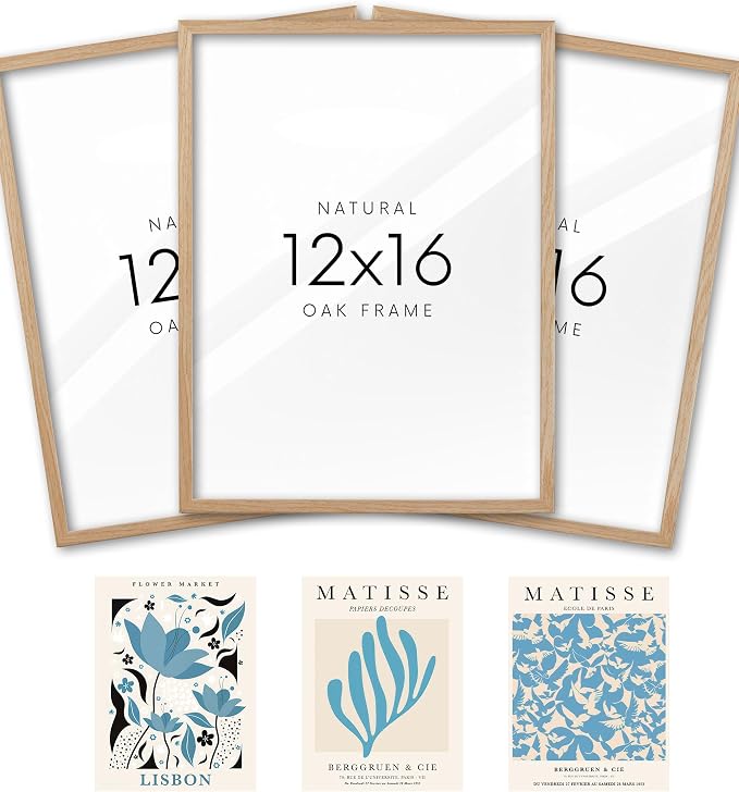 KensTro 12x16 Oak Picture Frames Set of 3 with Blue Art Prints | Natural Solid Oak Wood Frames with 3 Coordinating Blue Prints for Posters, Photos, Paintings and Gallery Wall Décor